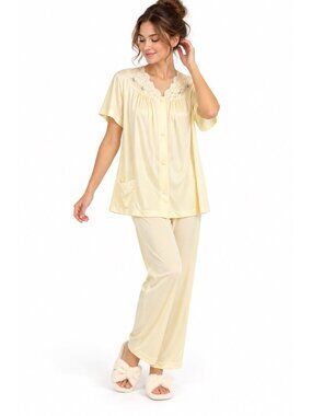 NEW vintage 60s 70s SHADOWLINE 2 piece pajama set S M top pants yellow lace